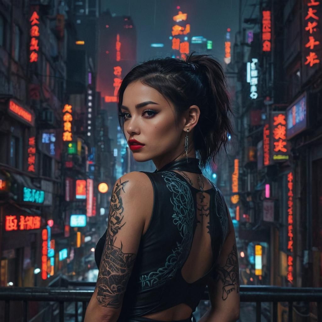 Neon City Portrait of Dragon Tattooed Girl