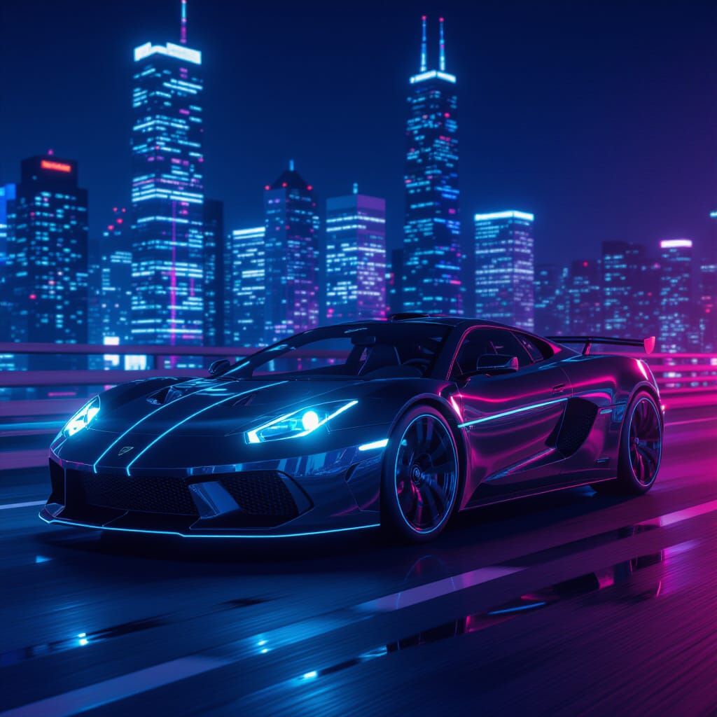 Futuristic Neon Sports Car in Cyberpunk City
