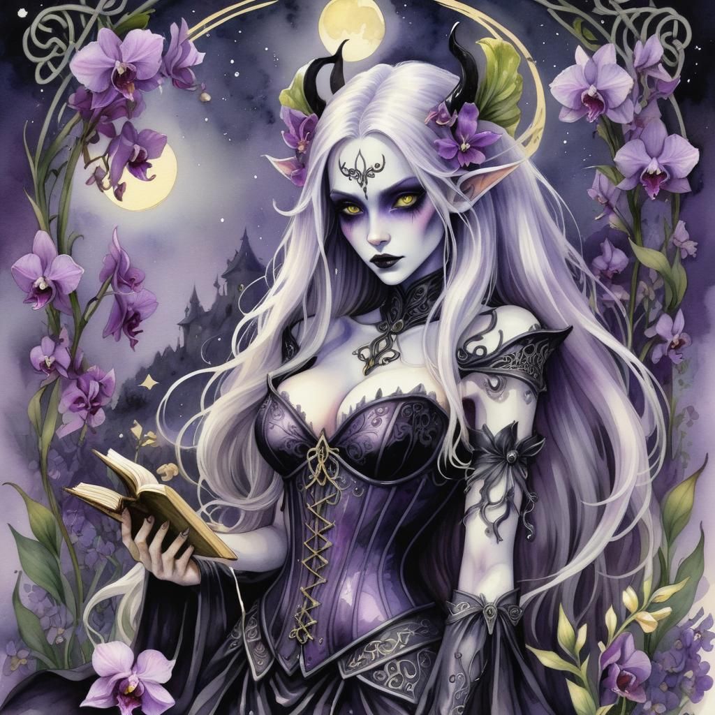 Gothic Drow with Grimoire in Dark Comic Style