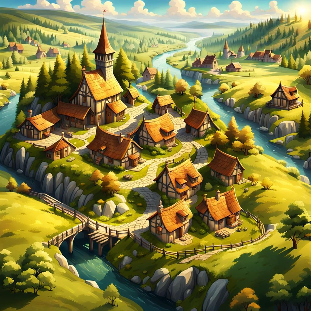 Medieval Village Aerial View in Earth Tones