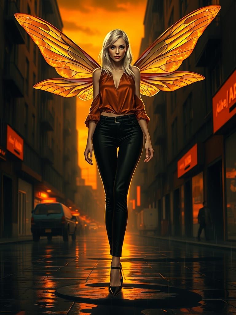 Ethereal Fairy Goddess in Dark Urban Sunset