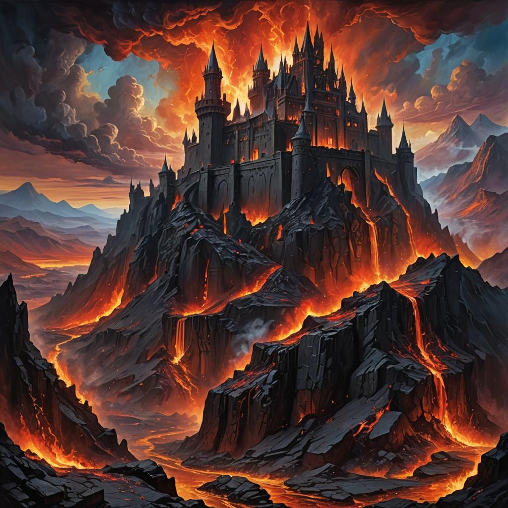 Fiery Volcanic Landscape with Dark Castle in Oil Painting