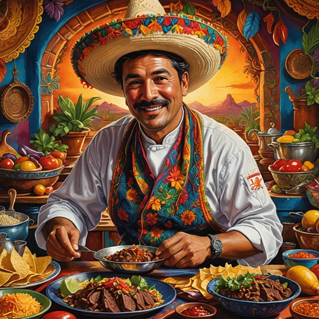 Happy Mexican Chef Cooking Tacos in Gouache Style