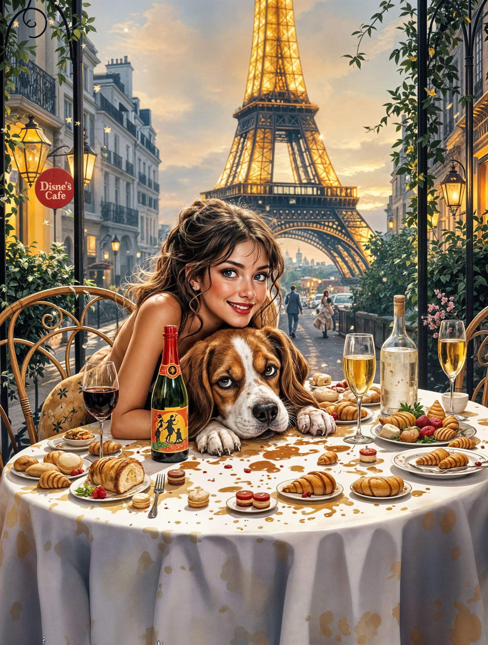 Whimsical Parisian Cafe Mishap with Beagle