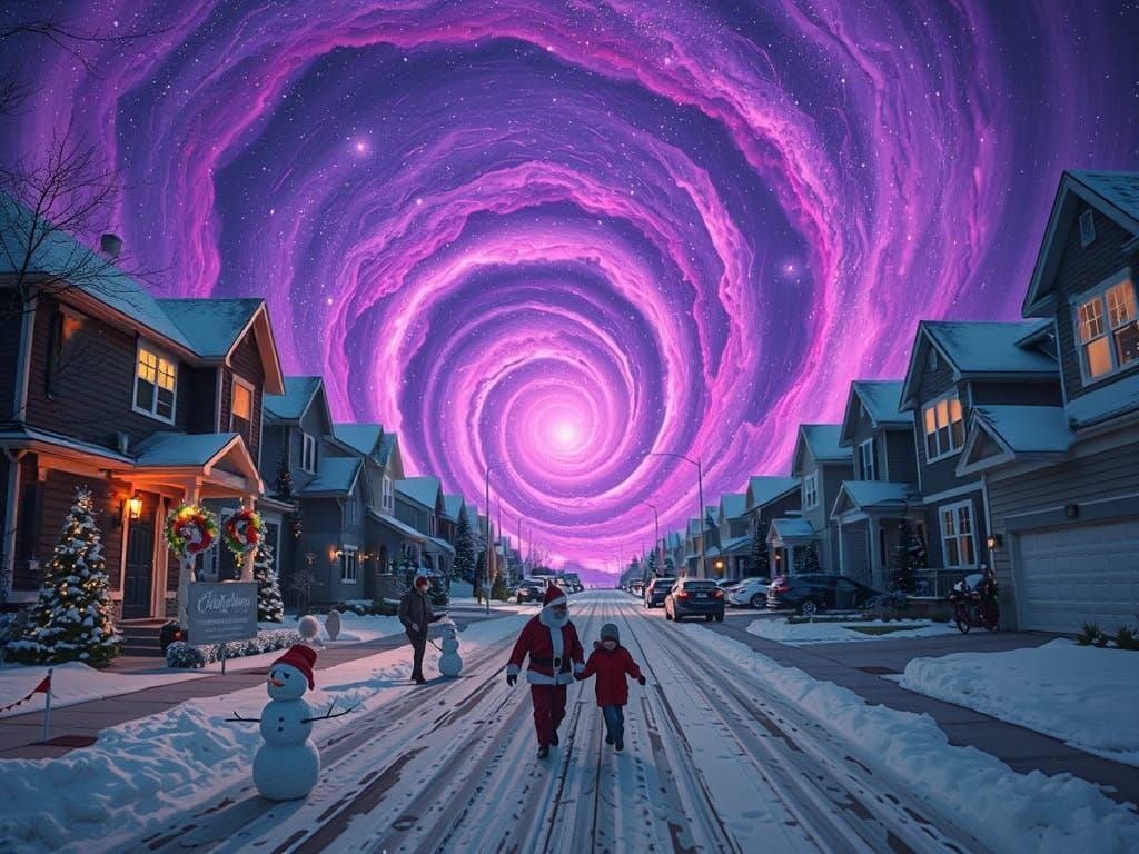 Surreal Christmas Eve Scene Under Galactic Swirls