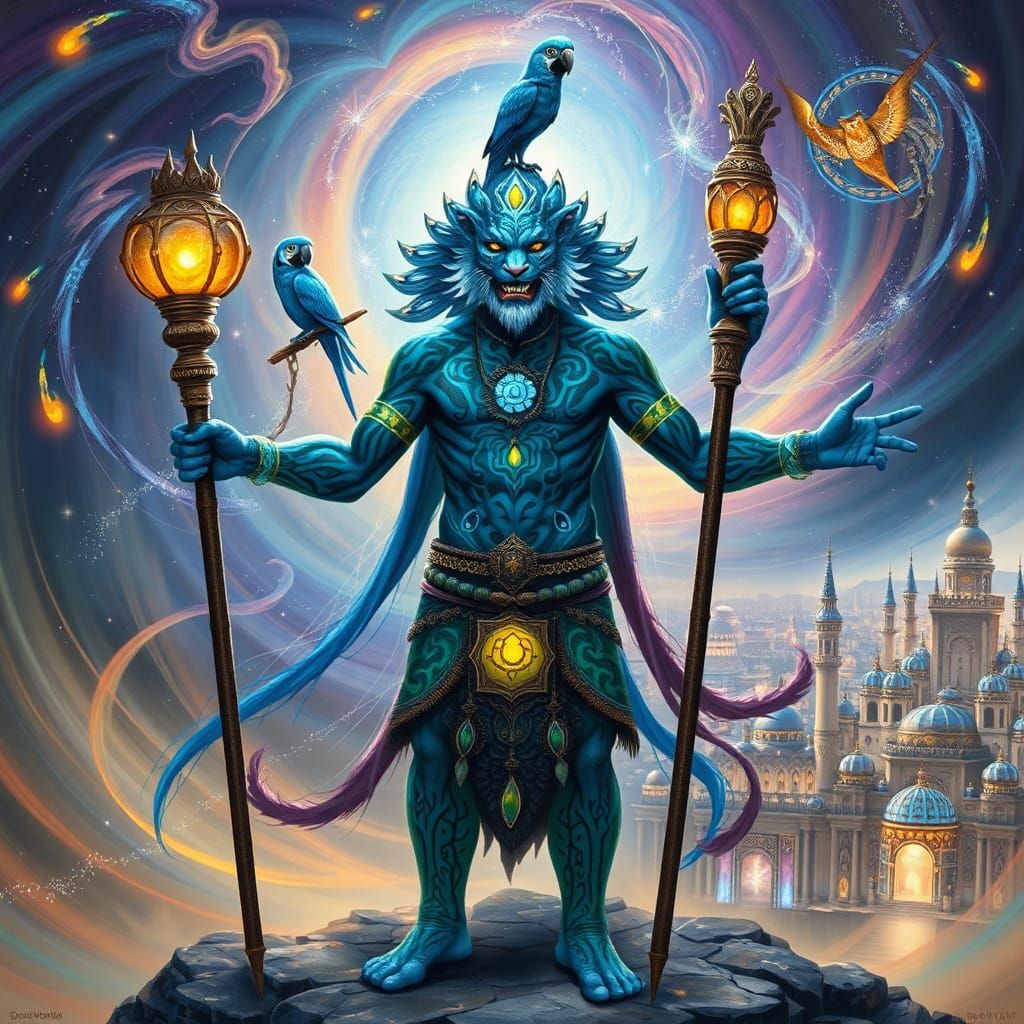 Blue Leopard Shaman in a Vortex of Colors