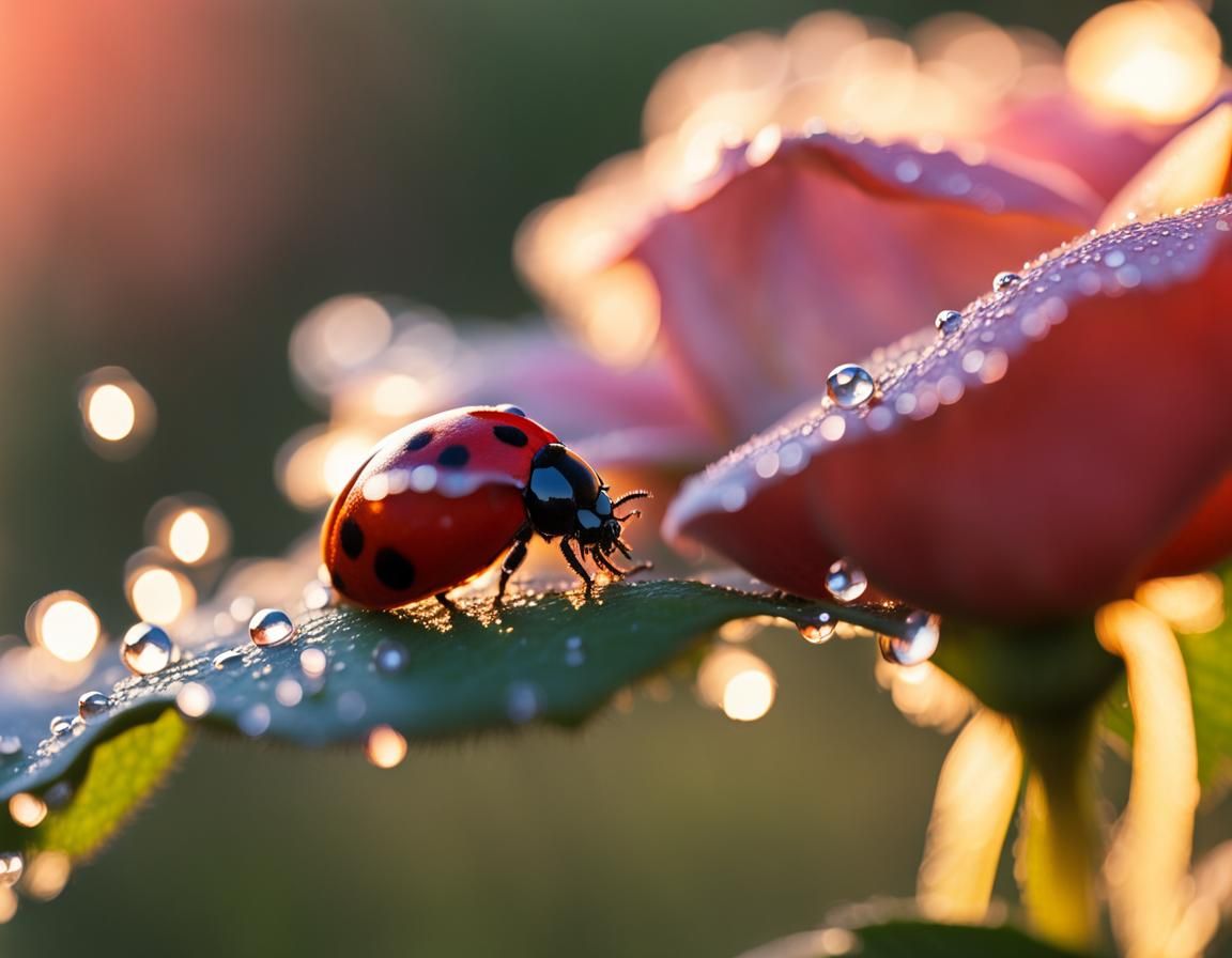 Sunrise Dewdrops with Ladybug on Rose