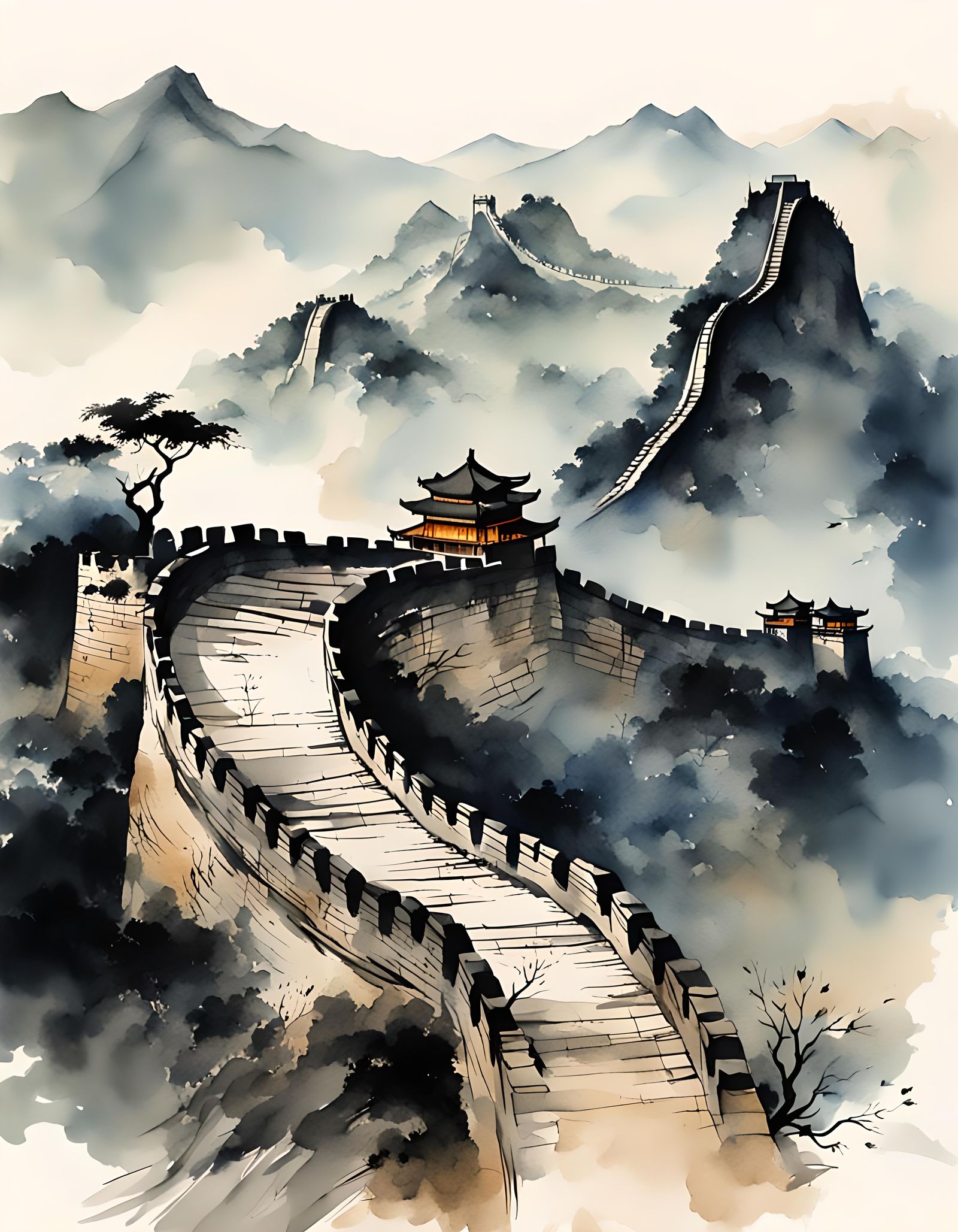 Elegant Chinese Watercolor Landscape with Great Wall