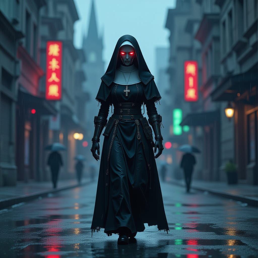 Cyborg Nun in Rain-Soaked Cyberpunk Cityscape