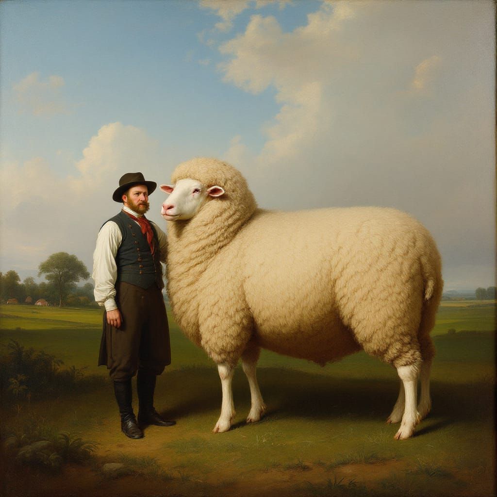19th Century Farmer With Giant Sheep in Pastoral Landscape