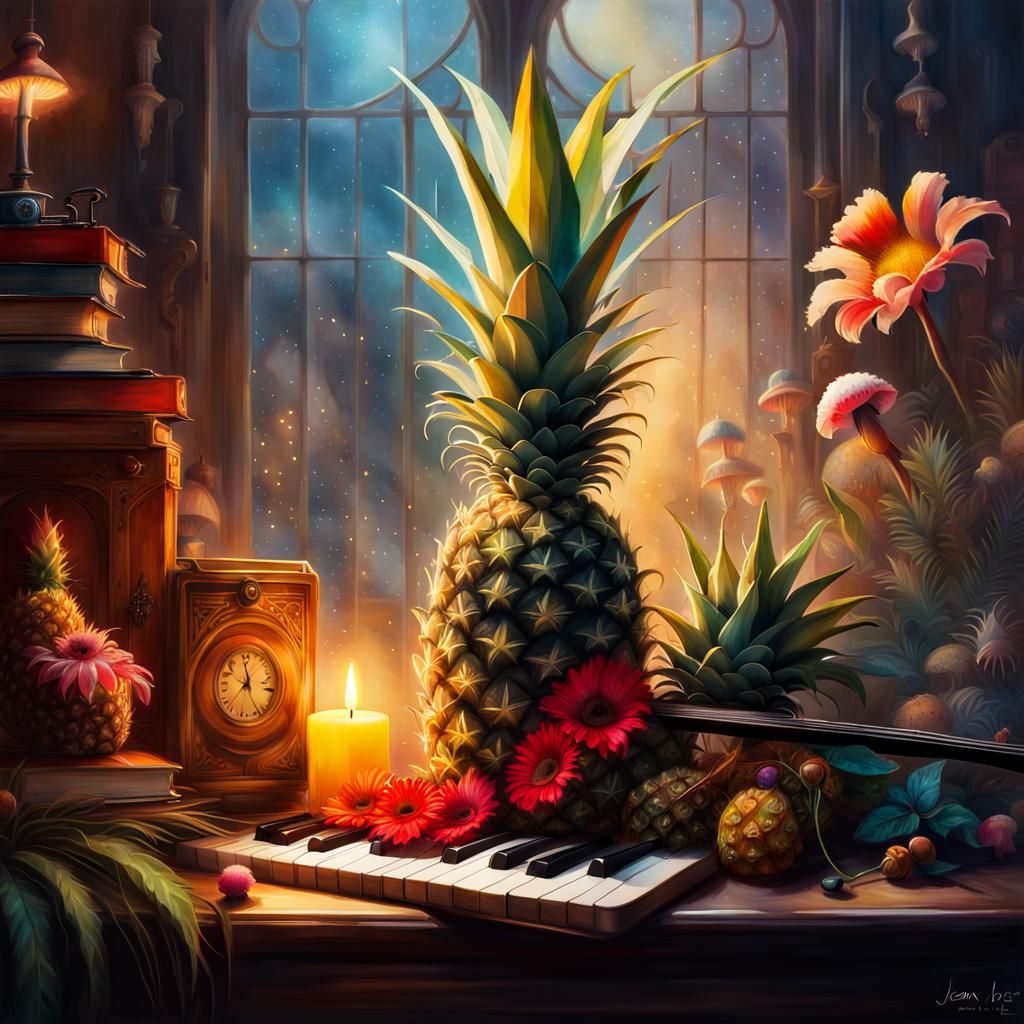 Surreal Feather, Violin, and Pineapple Dreamscape