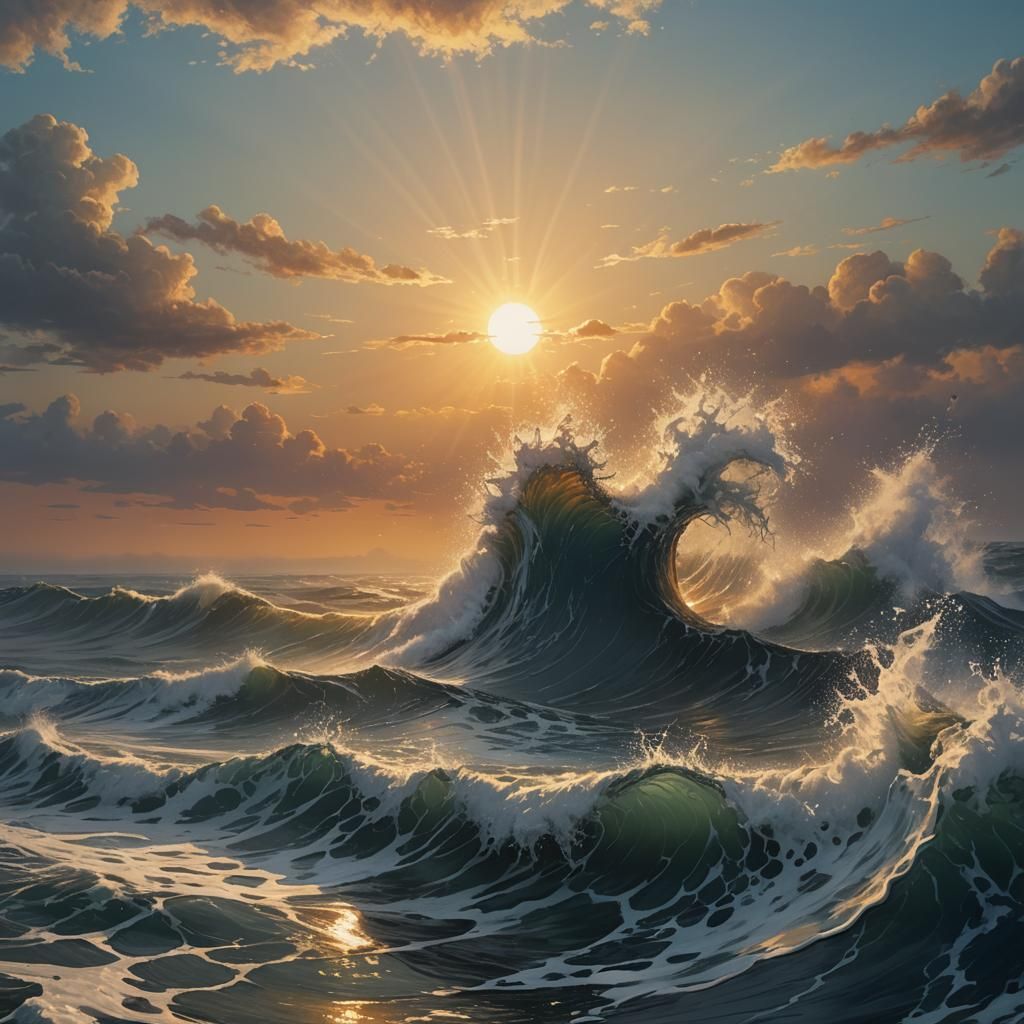 Hyperrealistic Sunrise Over Foggy Ocean in Splash Art