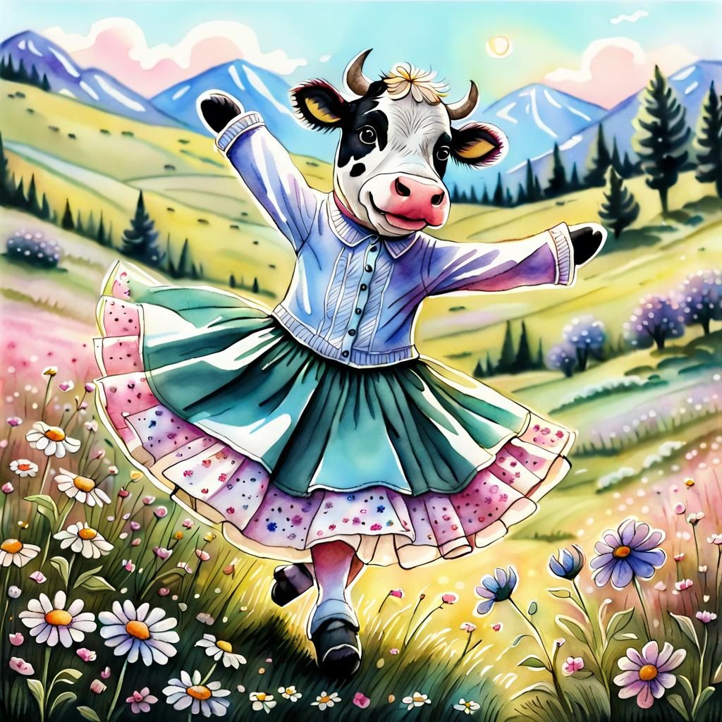 Plush Cow Ballerina Dances in Watercolor Meadow