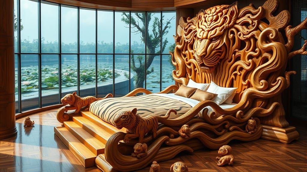 Giant Tiger Bed in a Luxurious Waterfront Room