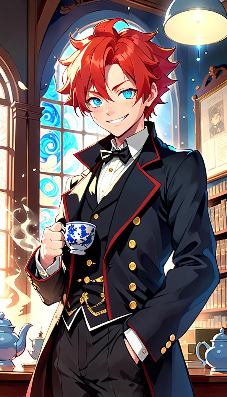 Anime Man with Red Hair Drinks Tea