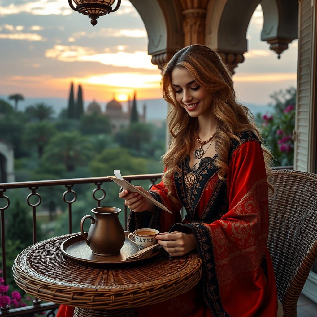 Elegant Woman on Palatial Balcony in Renaissance Style