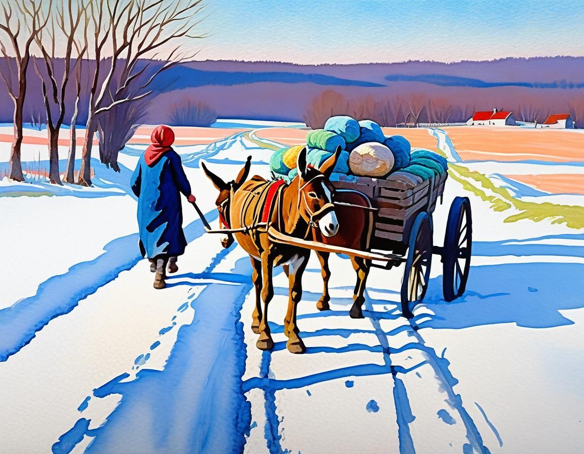 Peasant Woman and Mule in Snowy Landscape as Gouache