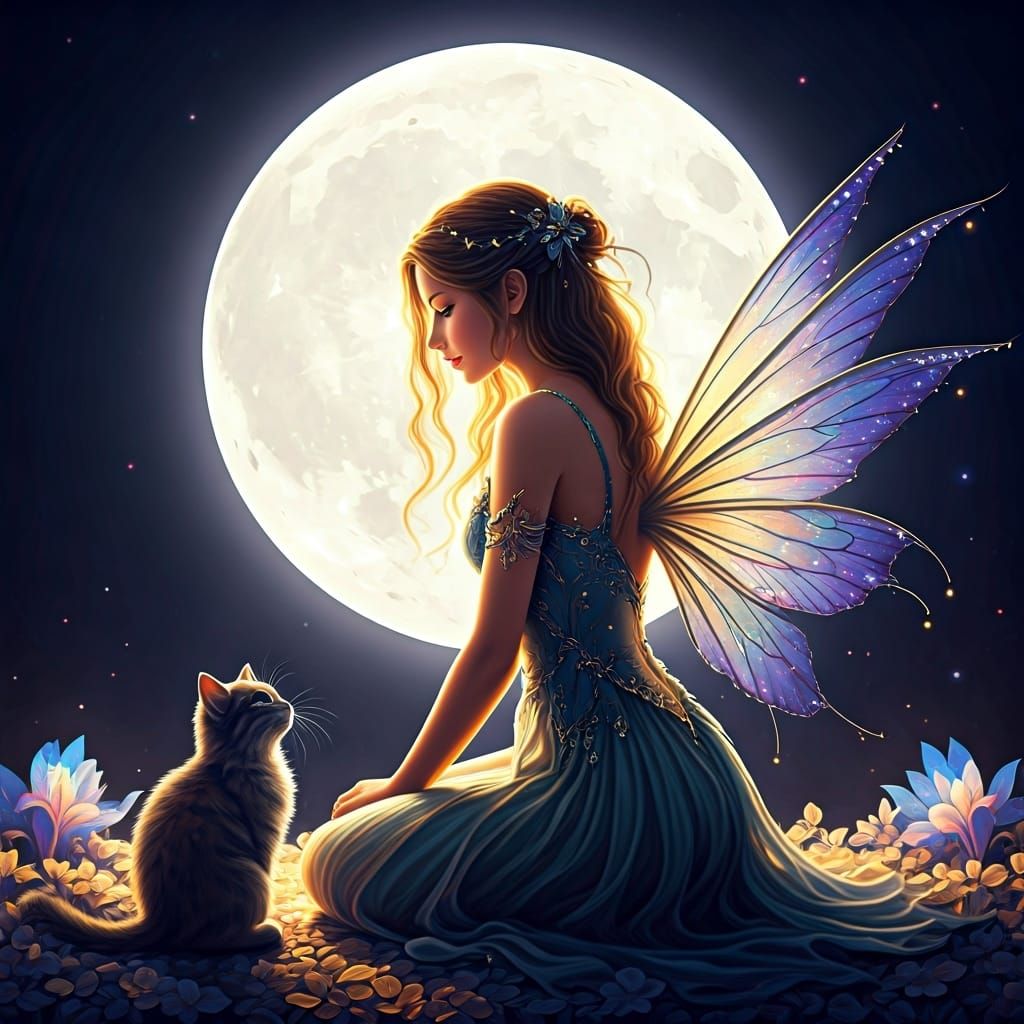 Fairy and Cat Backlit by Colorful Moon