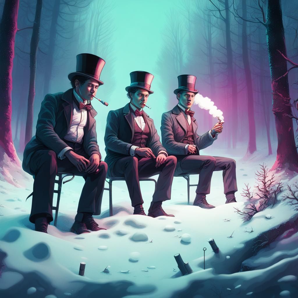Steampunk Men in Brutalist Forest with Neon Lighting