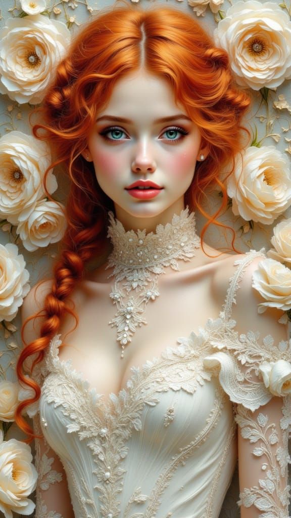 Ethereal Woman in Lace Dress with Cream Rose Background