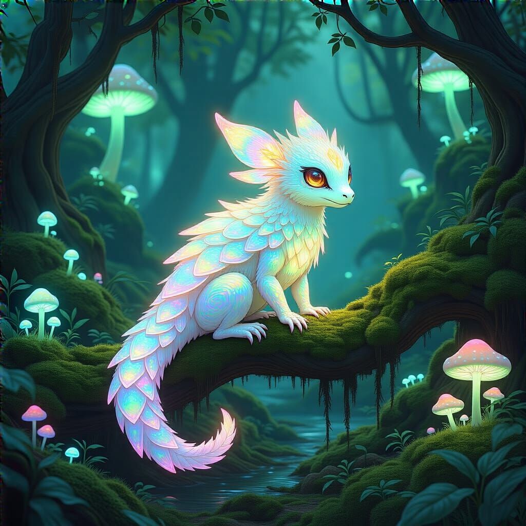 Bioluminescent Creature With Holographic Scales In Alien For...