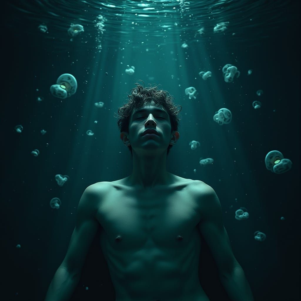 Young Man Surrounded by Bioluminescent Organisms in a Dark P...
