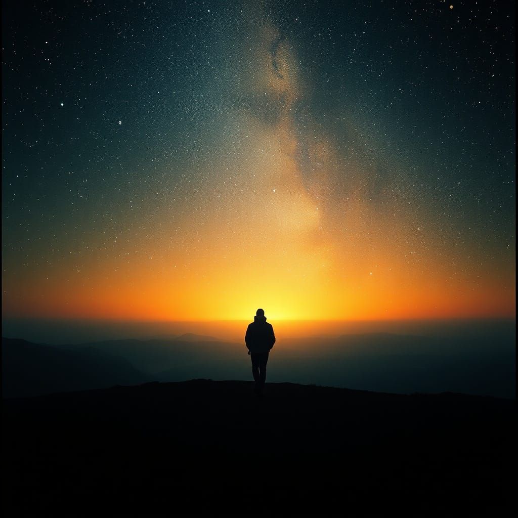 Figure Walks Towards Starlit Horizon in Epic Cinematic Scene