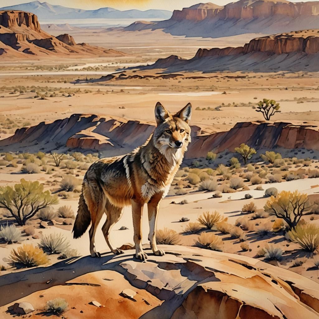 Coyote in Desert Landscape: Watercolor Painting