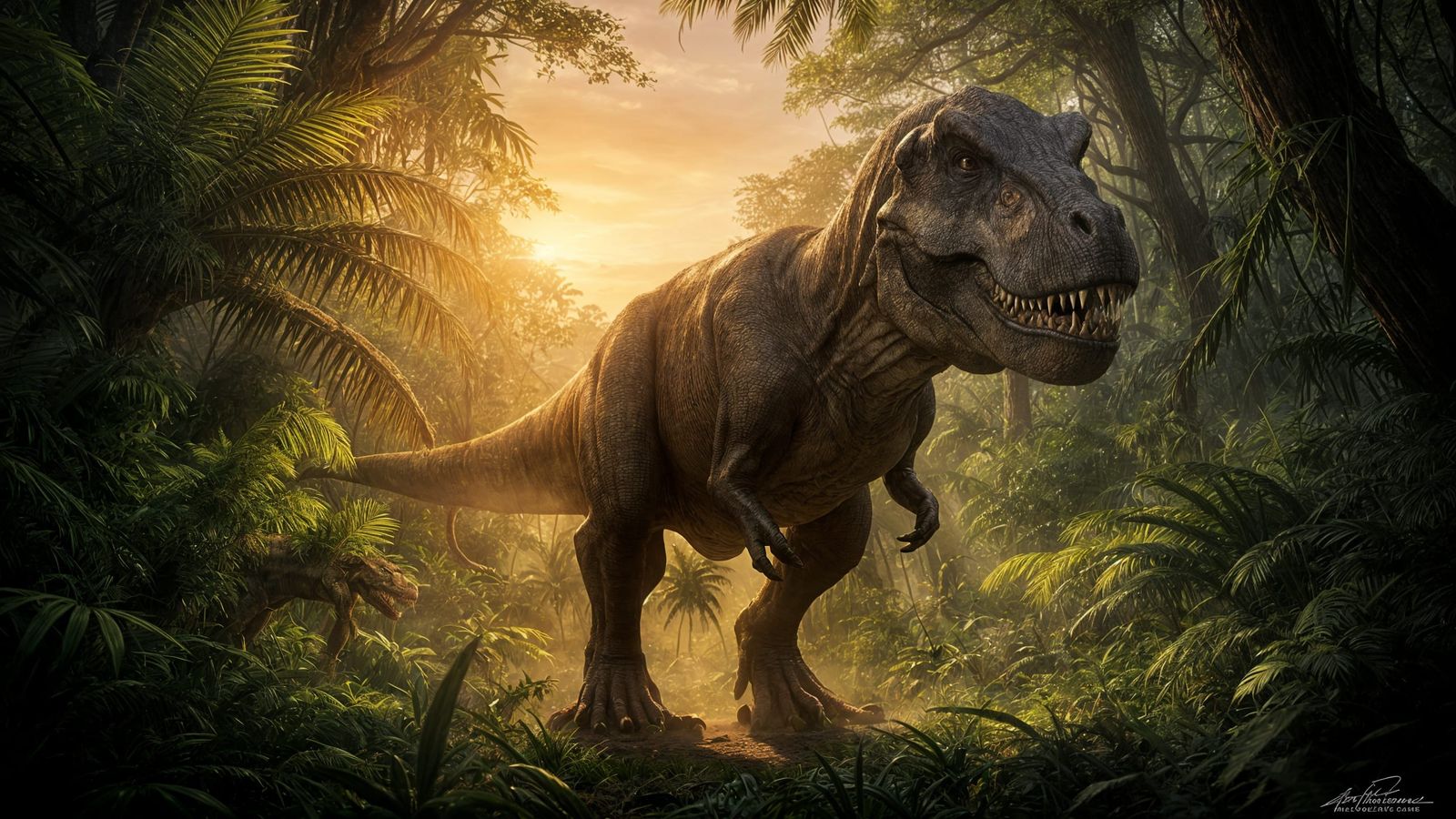 A massive T-Rex stalks a prehistoric jungle