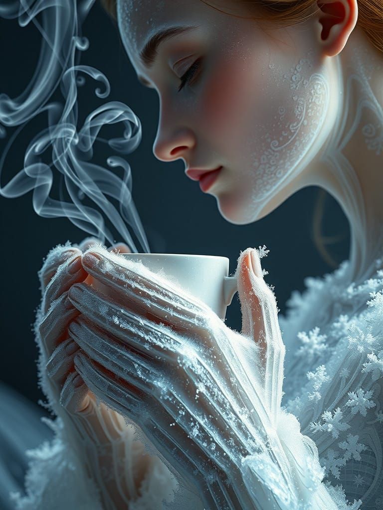 ""Side view, stunning image fractal of a cute woman made out of ice frost and snow, holding a hot fire coffee cup with h...