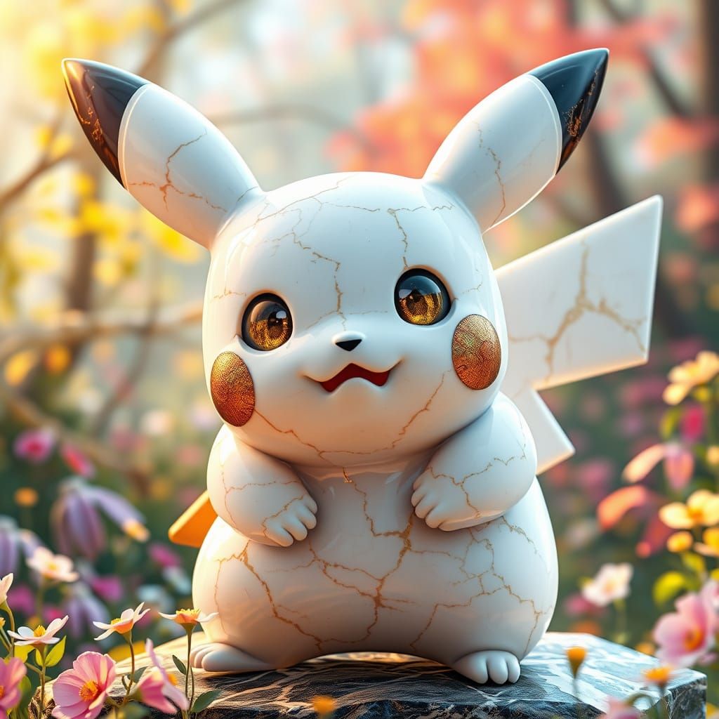 Joyful Pikachu Marble Sculpture in Vibrant Whimsical Environ...