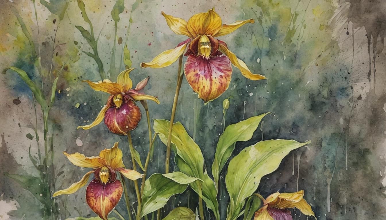 Vivid Watercolor of Cypripedium Calceolus in Bloom