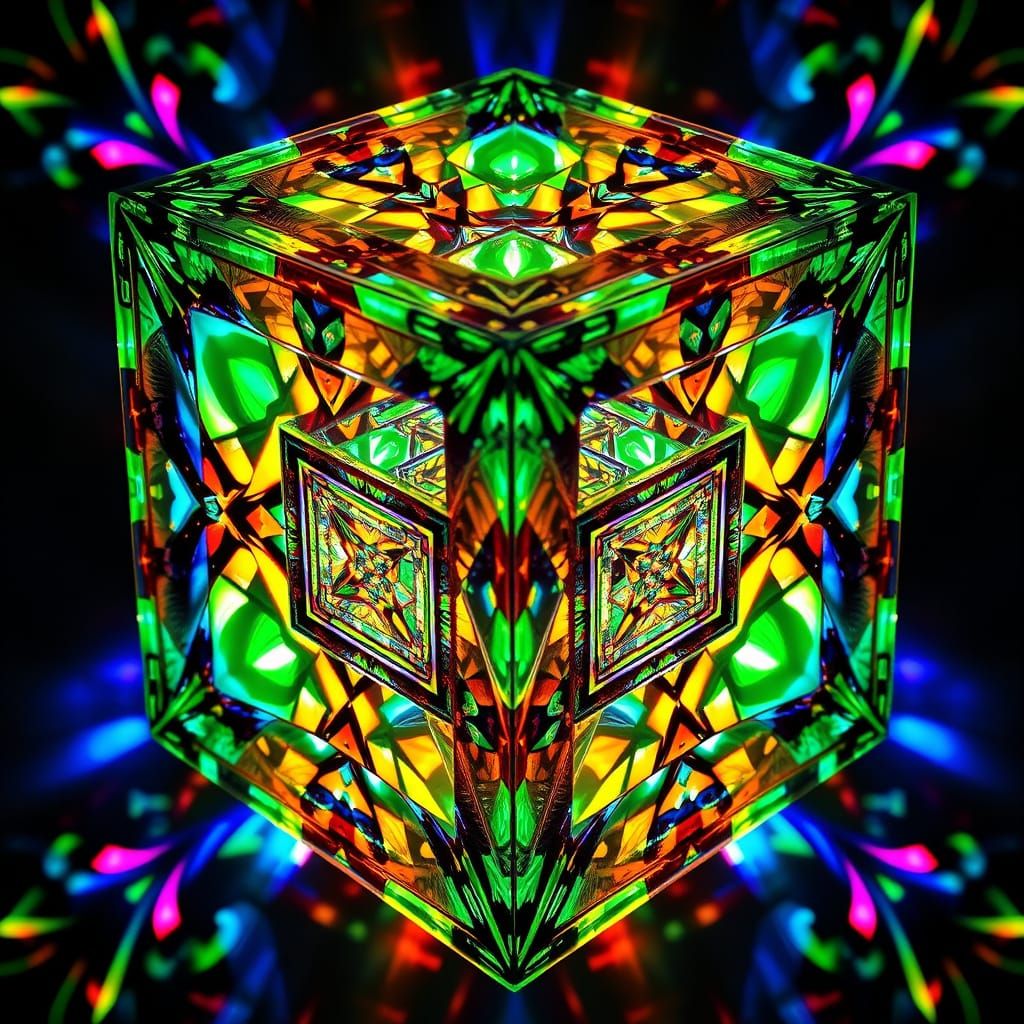 Vibrant Stained Glass Cube with Fractal Patterns