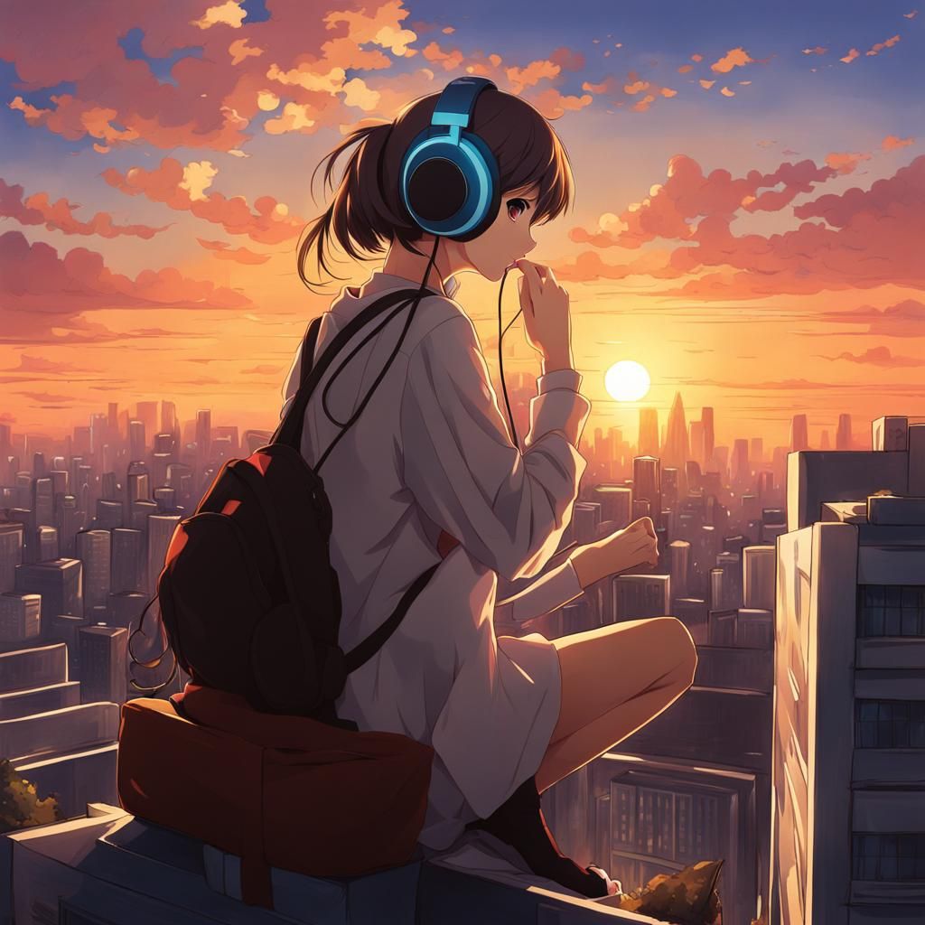 Anime Girl Listening to Music at Sunset