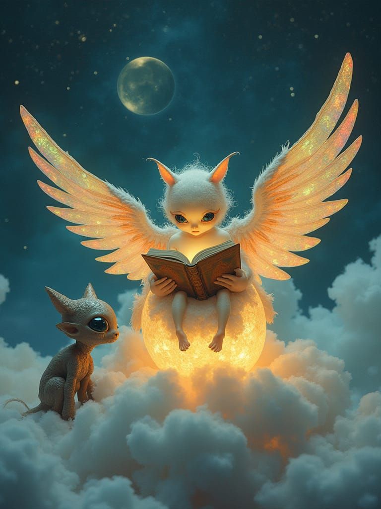Angel Reading to Alien on Cloud in Surreal Style