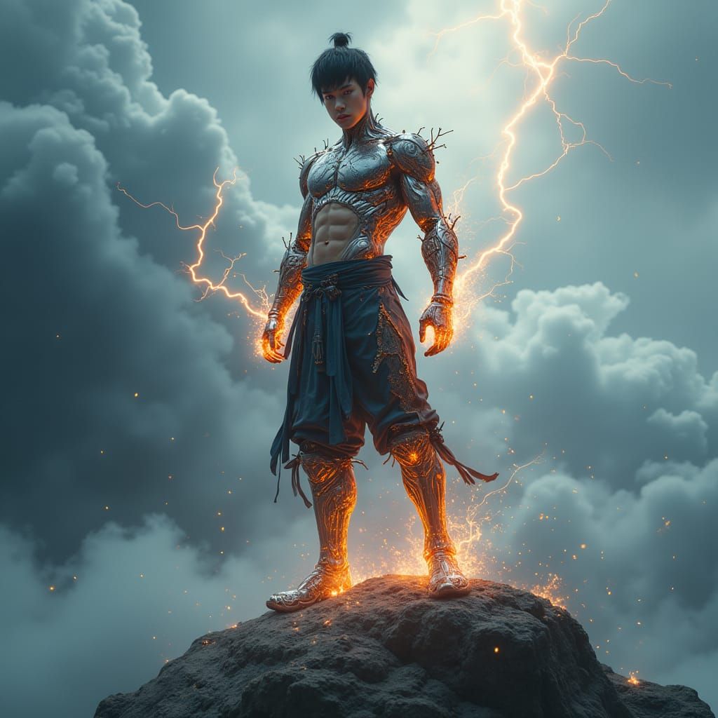 Cyberpunk Storm God Ascends Amidst Turbulent Skies