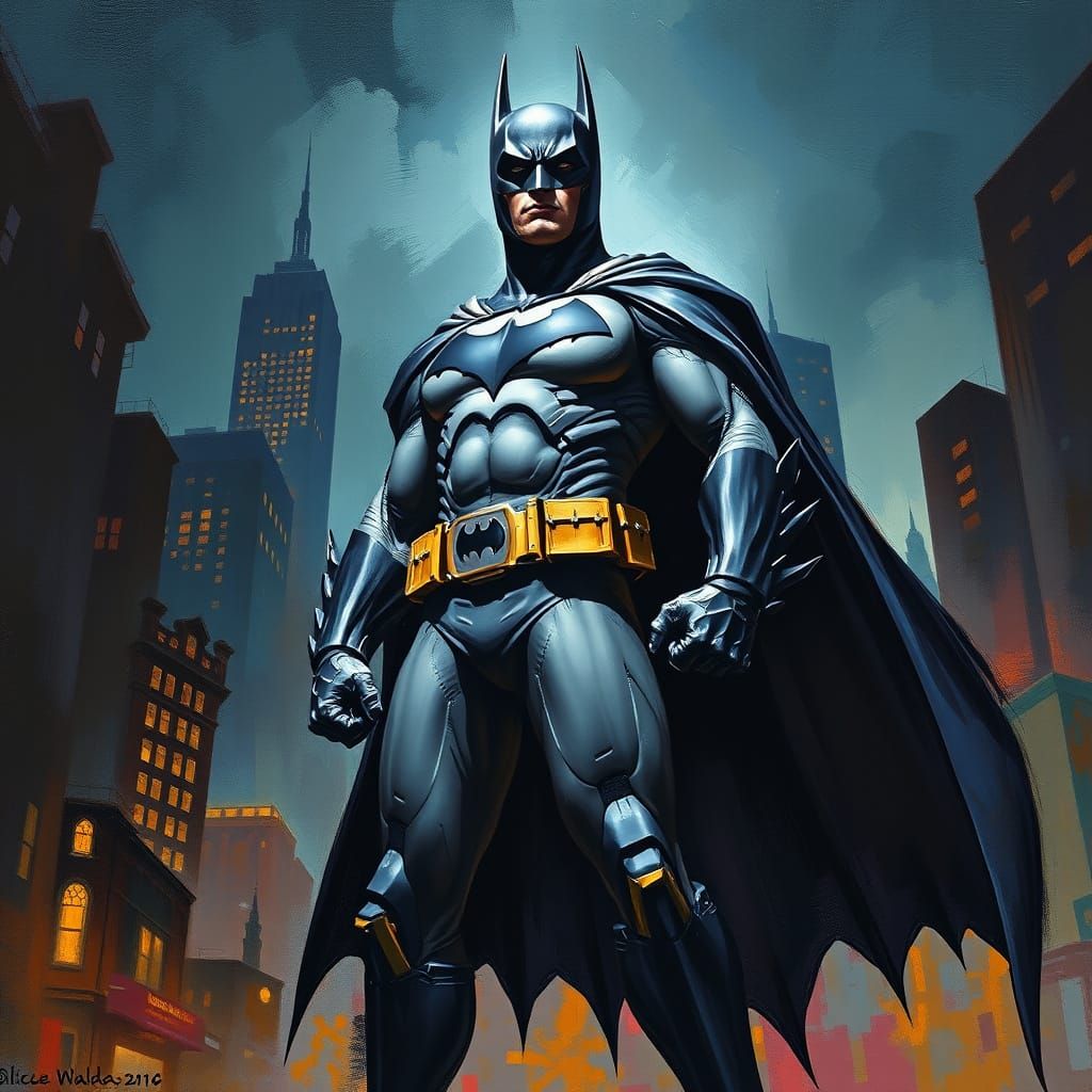 Heroic Batman in Gotham: An Oil Painting