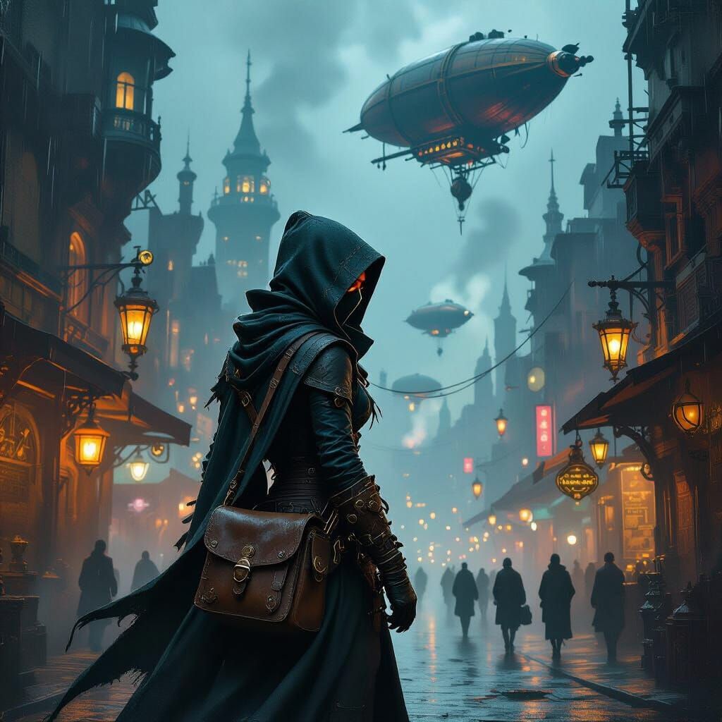 Tiefling Rogue in Rain-Slicked Steampunk City