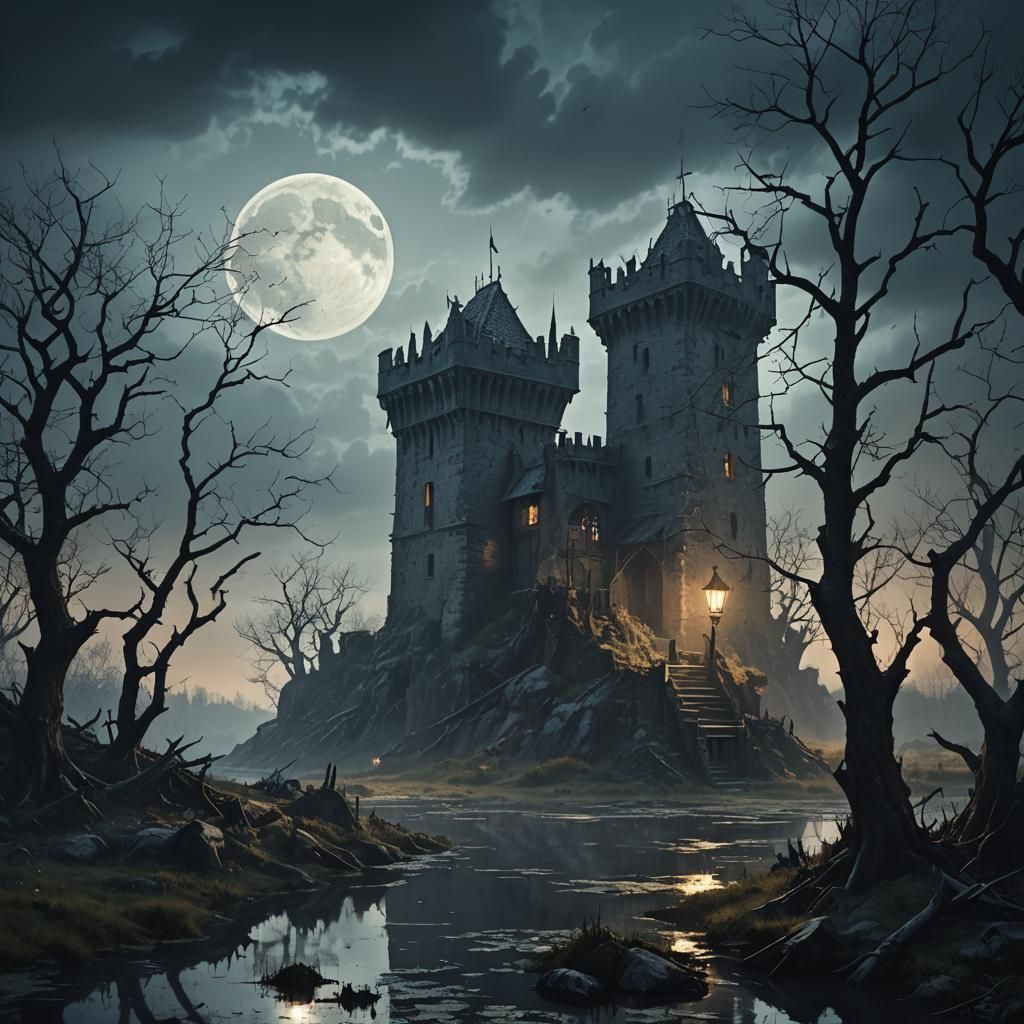 Medieval Guard Tower Overlooks Misty Swamp