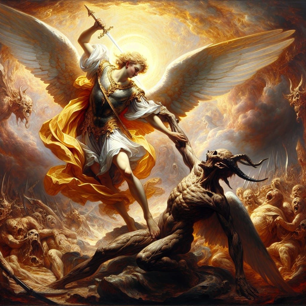 "Create a dramatic scene of Archangel Michael vanquishing an aberrant demon. The archangel should be depicted as a power...