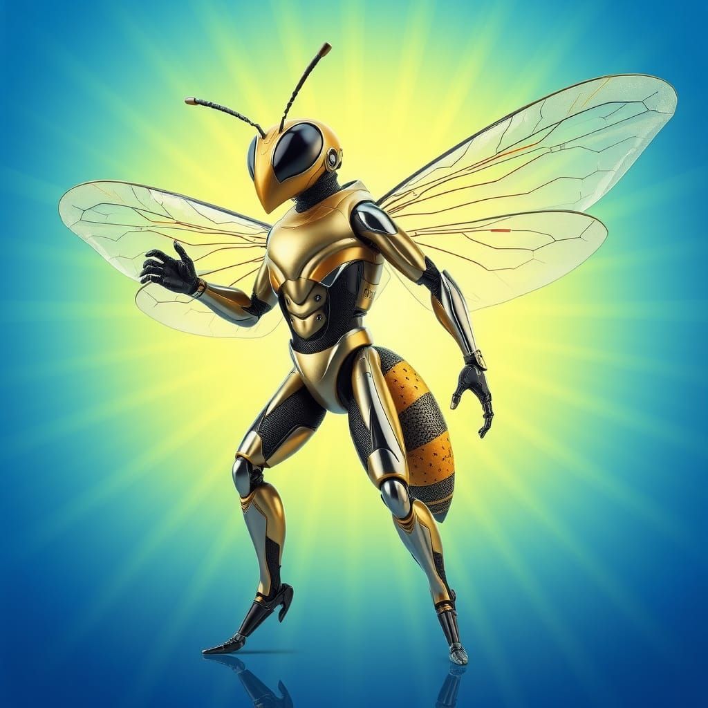 Heroic Bee-Human Hybrid in Radiant Cyber Armor