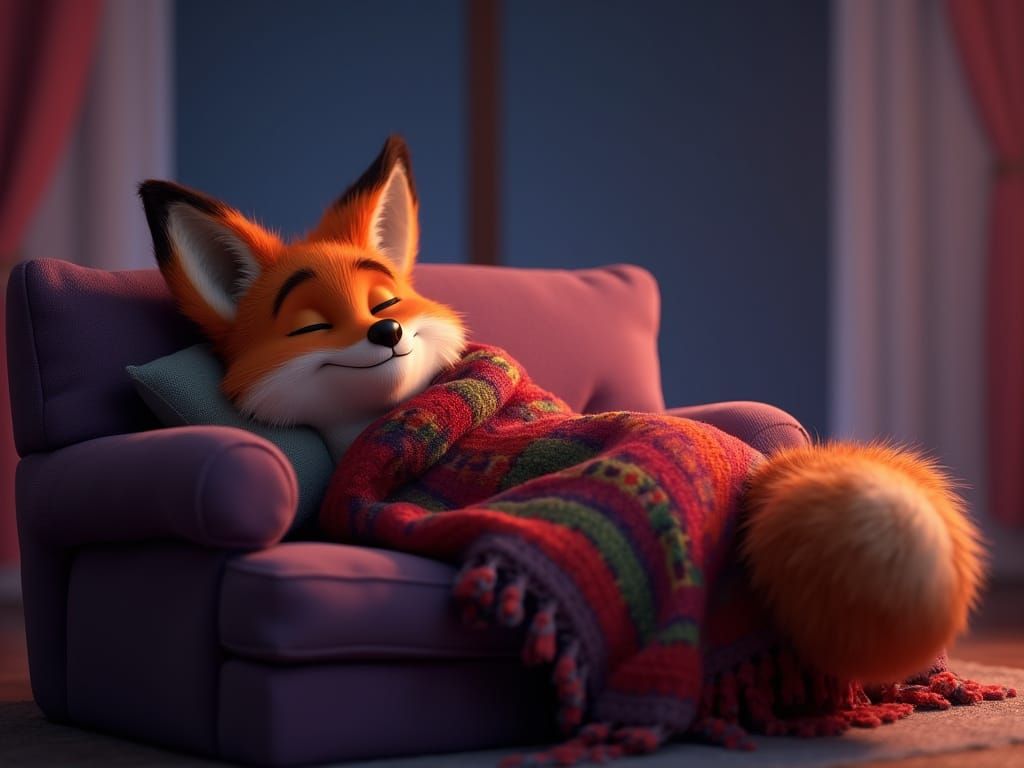 Cartoon Fox Lounging on Couch as 3D Digital Art