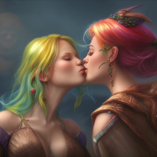 Fantasy Elf Lesbians Kissing in Detailed Digital Art