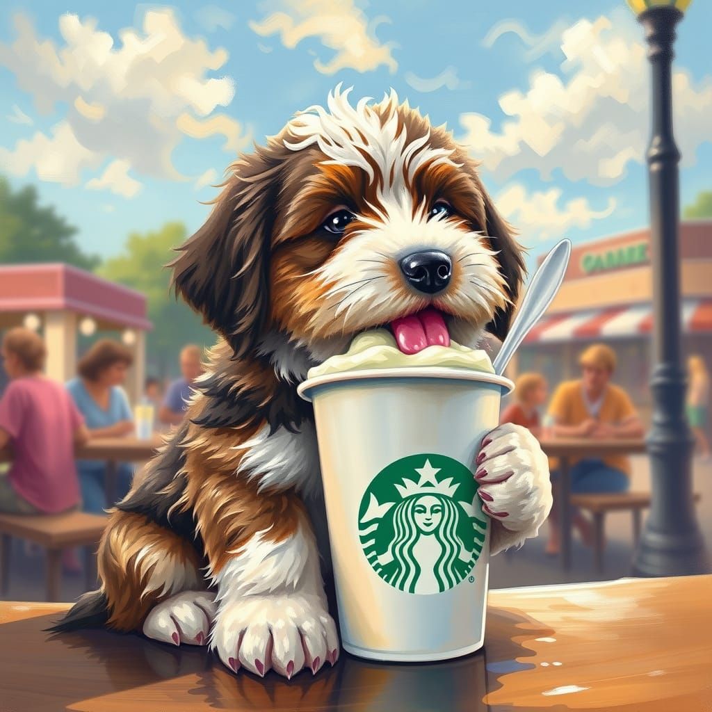 Joyful Bernedoodle Puppy Devours Ice Cream Treat in Whimsica...
