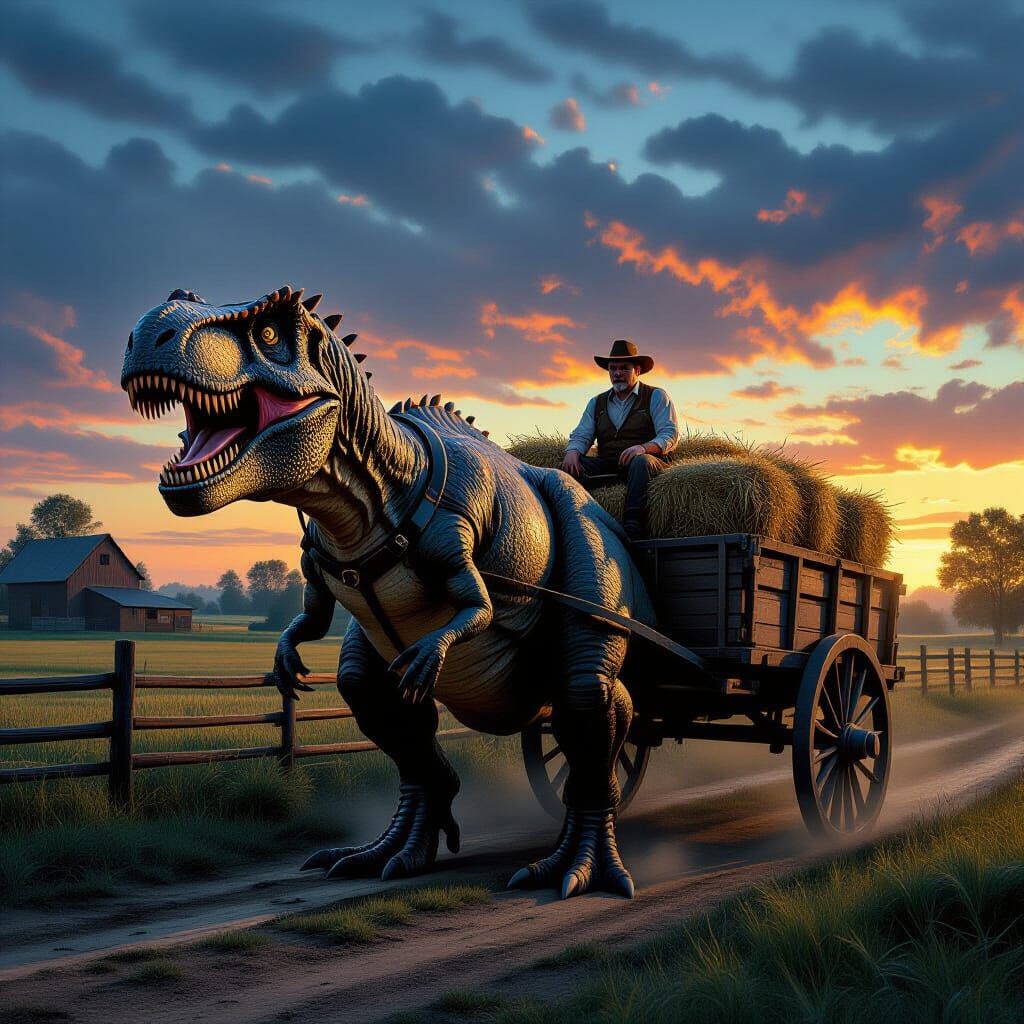 Tyrannosaurus Rex as Farm Animal in Dystopian Landscape