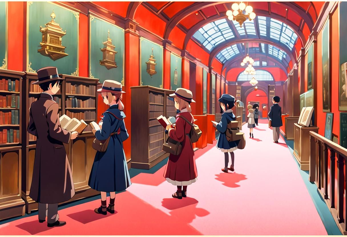 Victorian Library Patrons in Anime Vintage Style