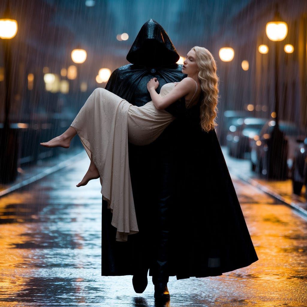 Rainy City Street: Towering Figure with Woman