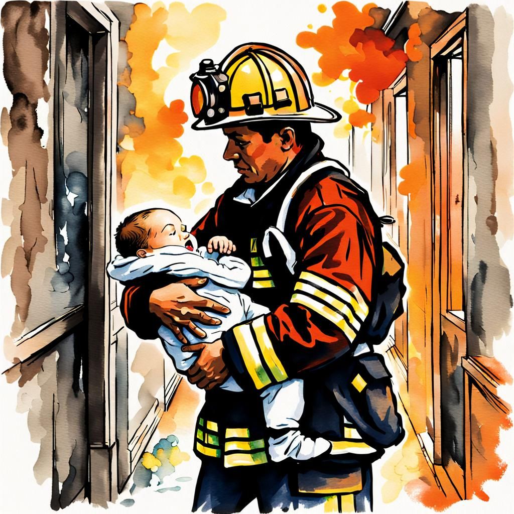 Fireman Saves Baby: Impressionistic Portrait