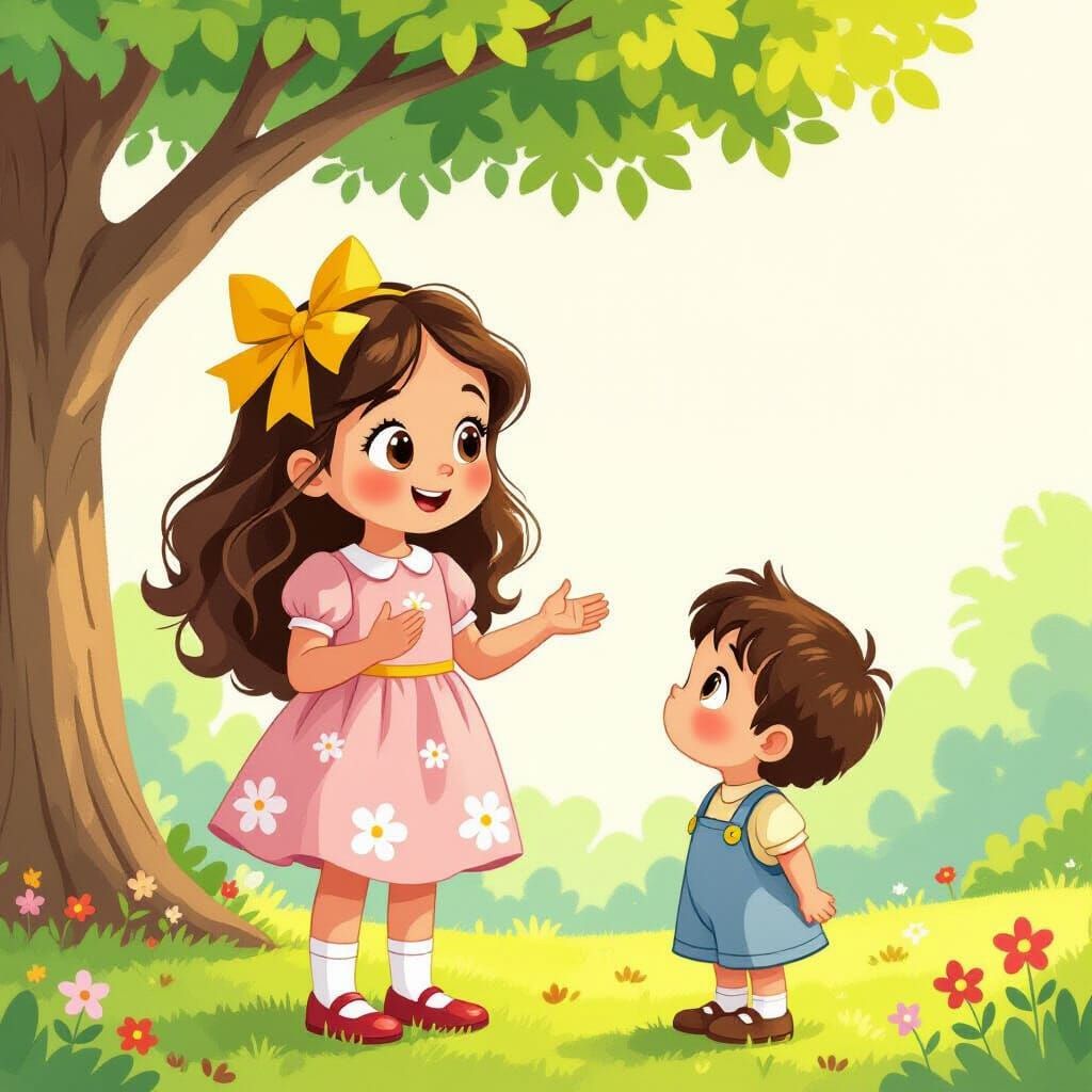 Girl Telling Story Under Tree in Children's Book Style