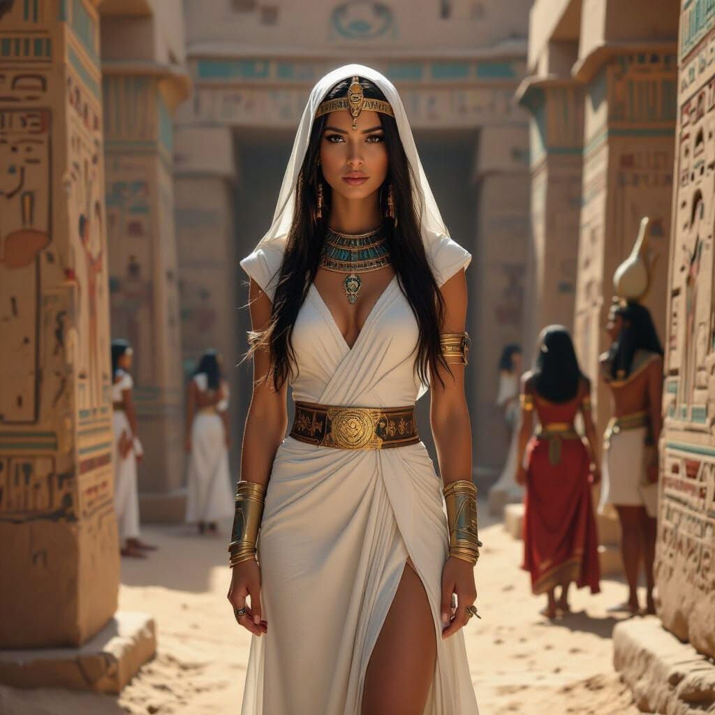 Egyptian Priestess Navigates Reflecting Pool